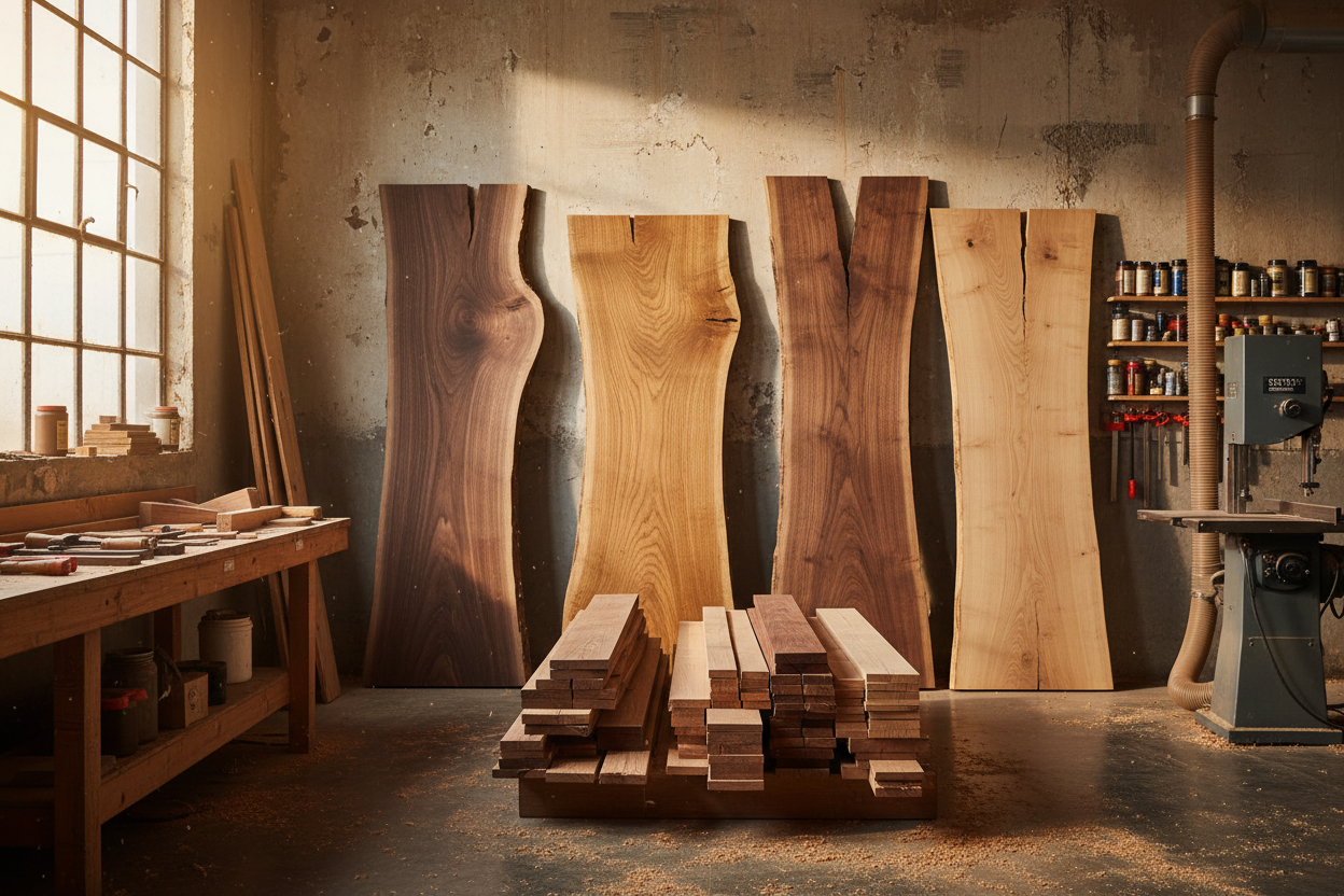 a woodworking shop with live edge boards and hardwood